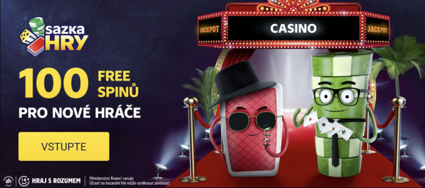 100 free spinů pro nové hráče v online casinu Radioservis Hry Nabídka 100 volných zatočení pro nové hráče v Radioservis Hry casinu s animovanými postavami karty a žetonu